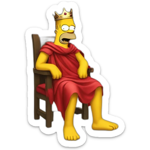 Half body portrait of homer simpson wearing a red cloth and a crown and sitting in a thorn sticker