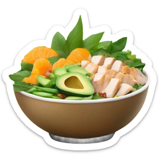 Poke bowl with chicken, avocados, mandarins, cucumbers and green beans; side view sticker