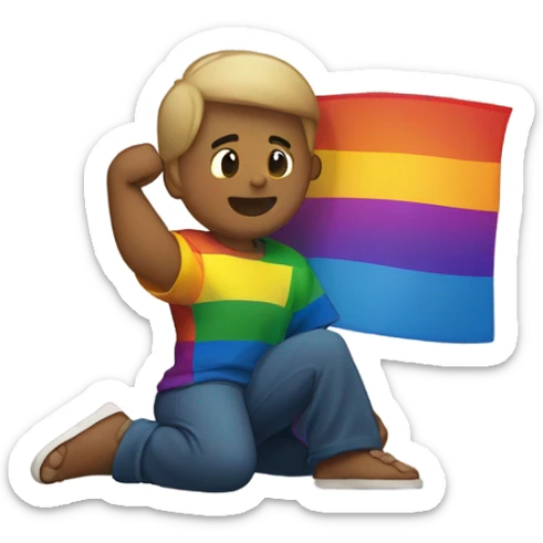 Full body Person holding fist up kneeling on ground rainbow flag behind sticker