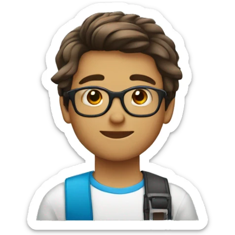 um menino de 13 anos, com cabelo castanho, olho castanho, óculos azul, corte haircut e pele clara sticker