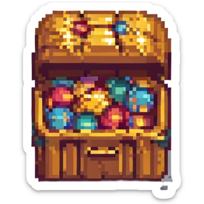 pixel art treasure chest overflowing with gold, RPG style, soft lighting, retro game aesthetic sticker