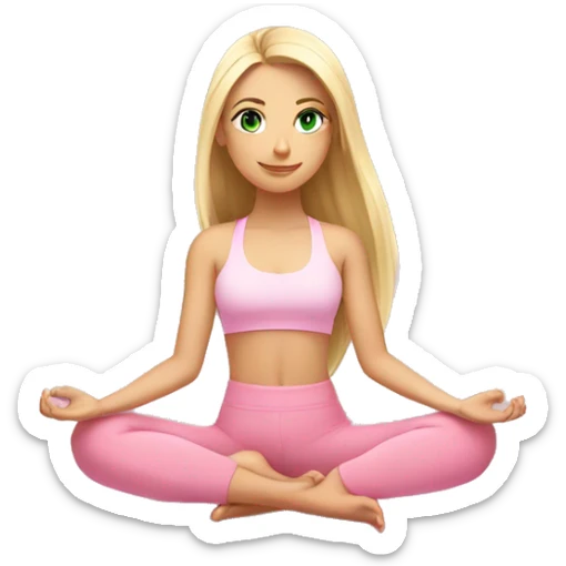 blonde long hair and green eyes yoga beautiful girl in light pink pink pink clothes sitting on a yoga mat sticker