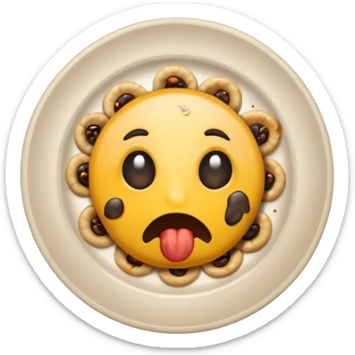 emoji-style icon of a dirty plate with leftover food, flies and a bad smell, unsanitary appearance, clear at small size, no text sticker