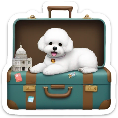 A world traveler, Bichon Frise, with a suitcase filled with iconic places stickers on the suitcase  sticker