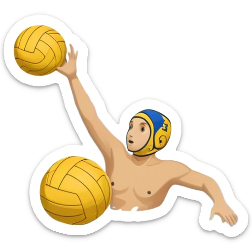 An icon featuring a yellow water polo ball floating on the water with goals in the background, inside a swimming pool. The design includes splashes and ripples, symbolizing the fast-paced action and strategy of water polo. Transparent background highlights. sticker