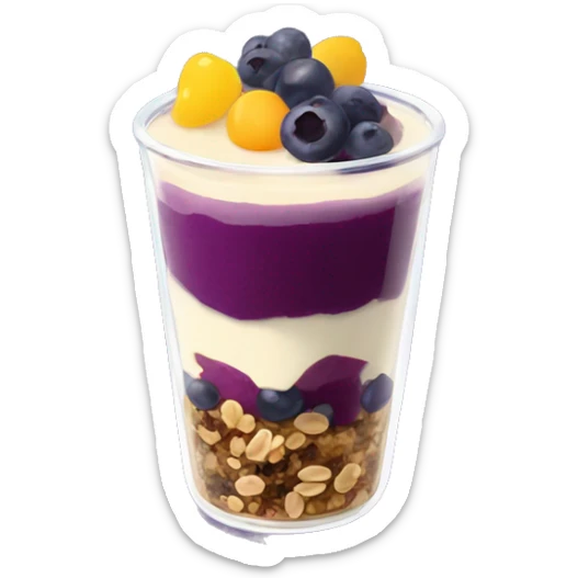 Açaí in a clear cup with layers of fruits and granola and condensed milk sticker