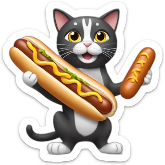 A cat who has a hot dog in his hand and the hot dog shoots sausages  sticker