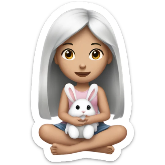 girl sitting holding a little bunny black hair and medium white skin tone sticker