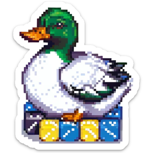 pixel art style duck inspired by the DuckDice logo, sitting on a pile of dice sticker