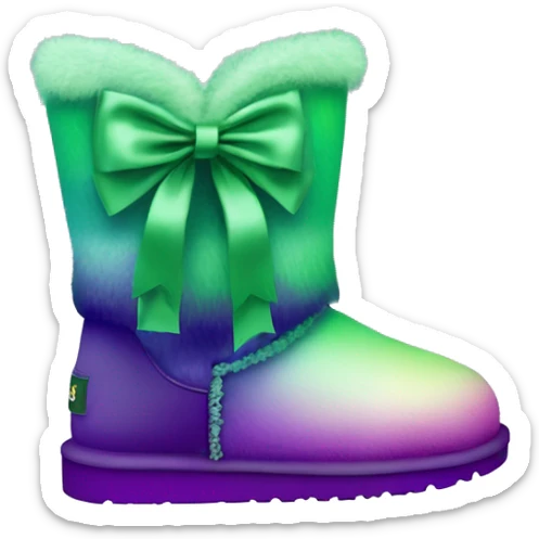 Realistic pair of green to purple ombre Ugg fur boots with silk ribbon bows. sticker