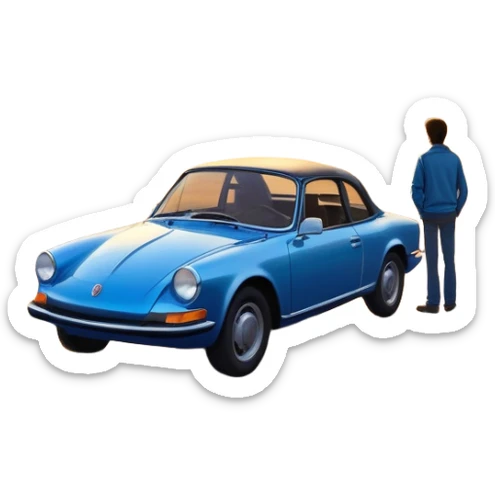 A parked blue car sits quietly on the side of an open road, facing a breathtaking sunset. Two people stand outside, backs turned, watching the horizon. The road stretches endlessly ahead, surrounded by a peaceful, glowing landscape full of light, warmth, and possibilit sticker