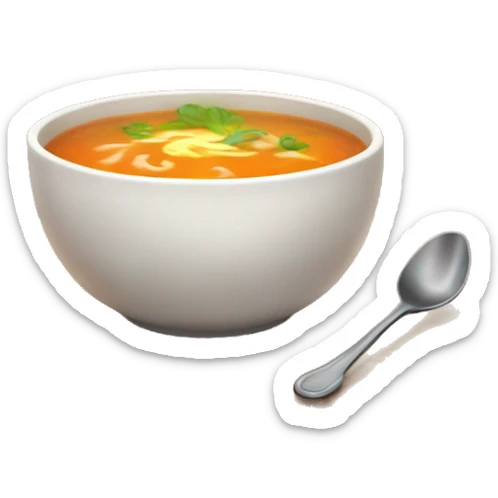 Design a sweet, homely emoji showing a warm bowl of soup on a wooden table, with soft steam rising and a cozy, inviting background. sticker