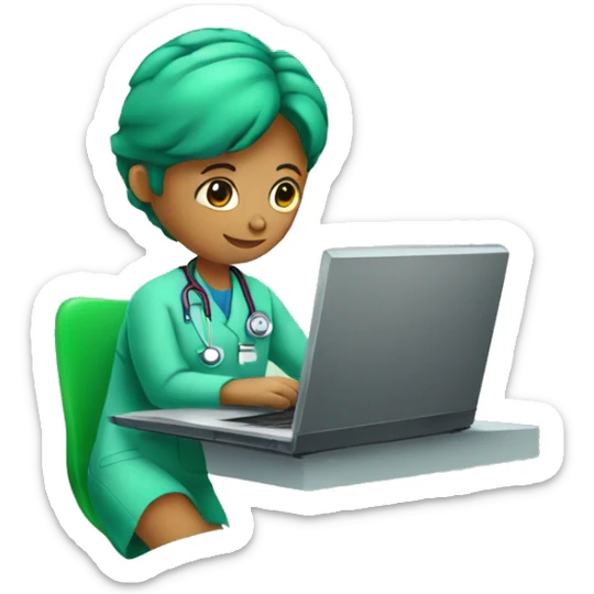 a doctor in green scrubs and no stethoscope sitting in front of a laptop sticker
