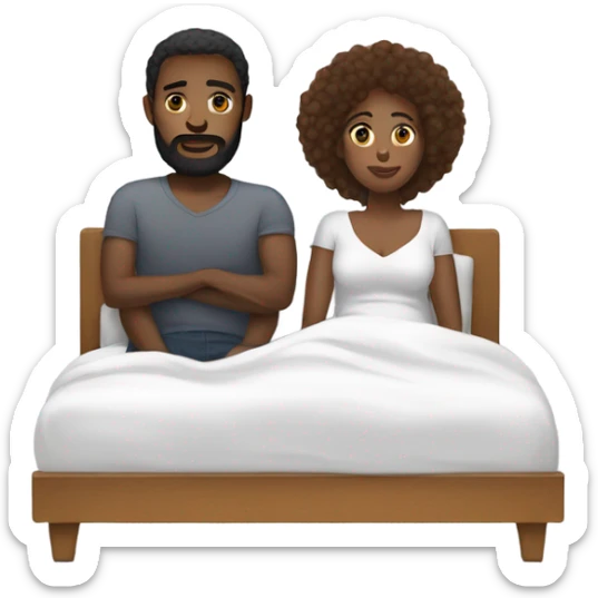 Black woman sitting in bed with white male with brown hair and beard  sticker