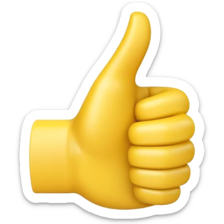 Apple-style 3D illustration of a single yellow emoji hand giving a thumbs up gesture, glossy and rounded, centered on a clean white background, soft shadow underneath, isolated and minimal design sticker