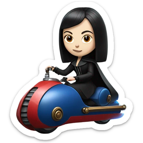 Jedi teen Morticia Addams flying a red and blue Jumpspeeder anti-gravity repulsorlift powered by an imperial speeder steampunk  sticker