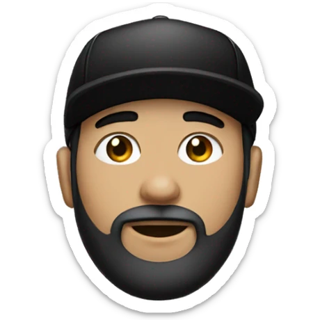 Man with black hair and beard and a black cap on and with black t shirt with white skin sticker