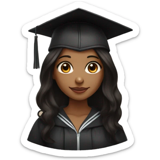 brown girl straight black hair, with amber eyes and long dark hair with light brown skin holding books adn wearing a graduation cap sticker