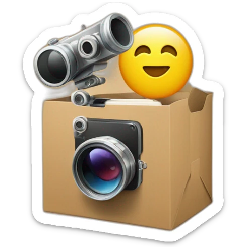 Video icons, movie camera, film, play, logos, likes, thumbs up, marks, views, coverage, applause fly out of a Cardboard box sticker