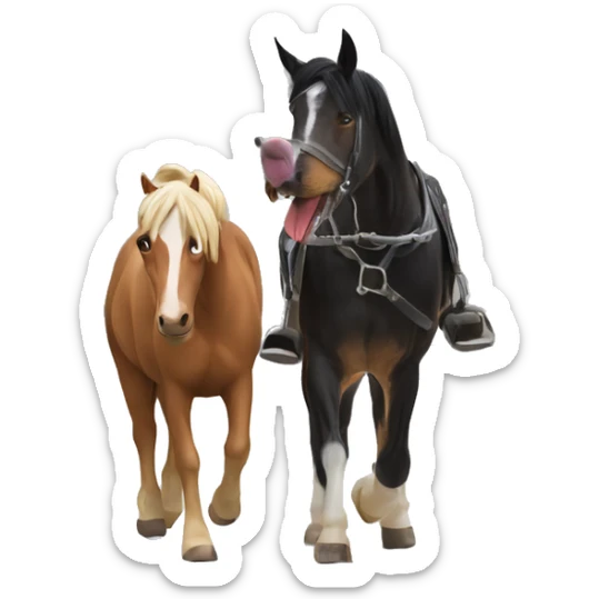 A horse and a dog on one photo, walking in the trees in winter time with fun  sticker