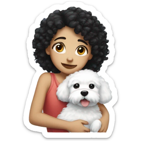 A girl with black curly hair hugging a white fluffy dog  sticker