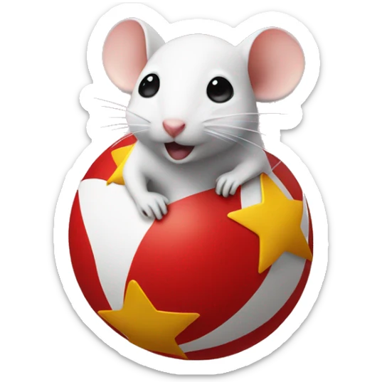 white mouse in a red suit on top of a red bouncy ball with a yellow star in the middle of the ball  sticker