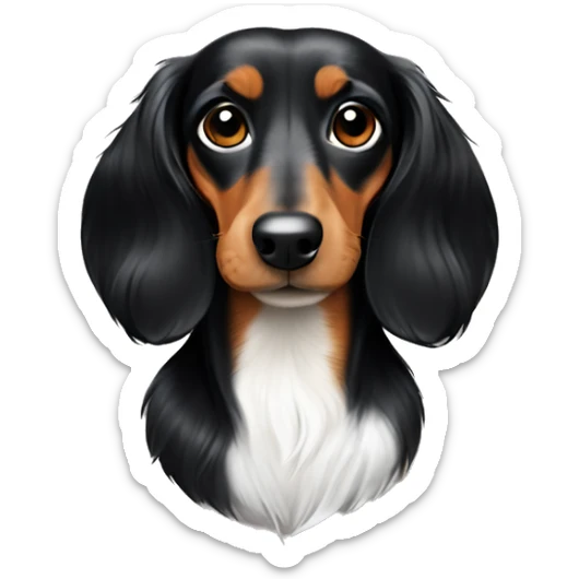 Black and tan long hair dachshund with a patch of white on the chest  sticker