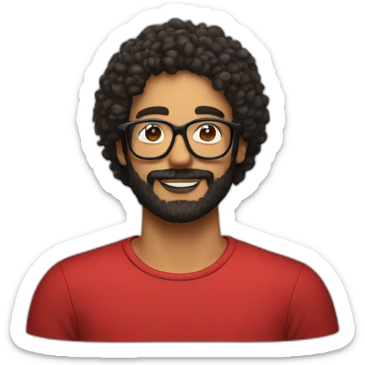 man with beard and curly dark hair below the shoulders, wearing red square glasses sticker