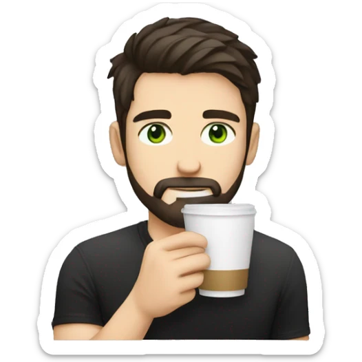 Handsome man with dark hair, holding an cup of coffee, gradient short hair on the side, green eyes. Thin face. Black t-shirt. A little beard. sticker