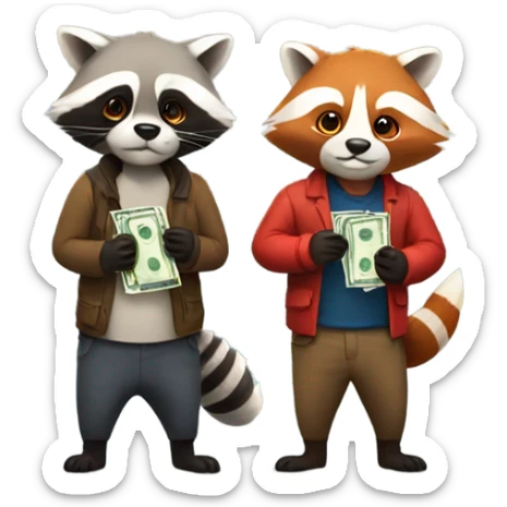 1 raccoon and 1 red panda each holding a bag of cash sticker