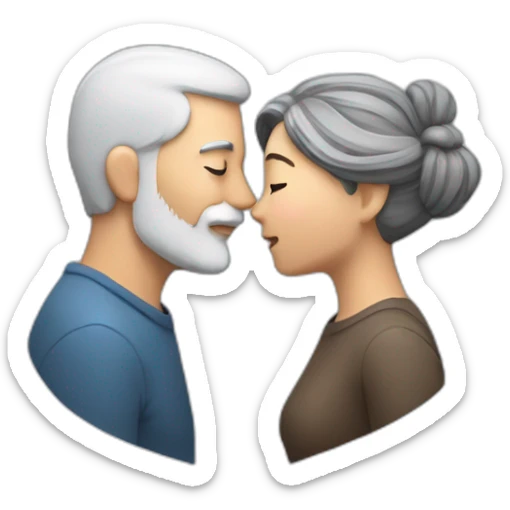 image of woman with dark brown hair kisses and hugs man with gray hair and white beard with floating hearts sticker