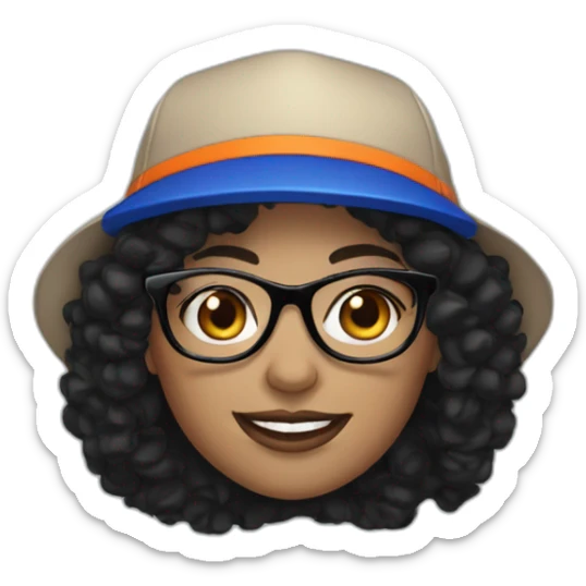 fair skinned woman with black curly hair and Mets hat and glasses sticker
