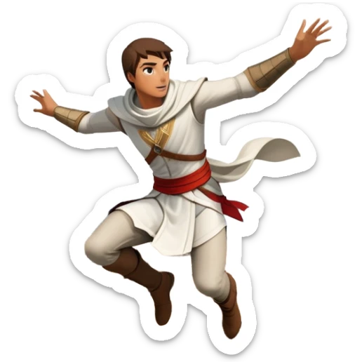 An icon featuring a hero performing a leap of faith from a tower in Florence, inspired by adventure games like Assassin's Creed. The design captures the dramatic moment mid-air, with detailed architecture and a bustling city below. Transparent background sticker