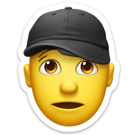 yellow face emoji with back words hat, biting lip, pinching chin with thumb and pointer finger, eye brows raised, and eyes are squinting a sticker