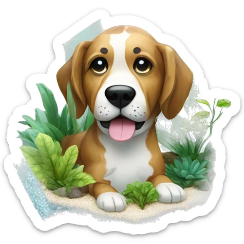 A dog made entirely of glass mirror crystals prisms glass transparent filled with plants as a terrarium sticker