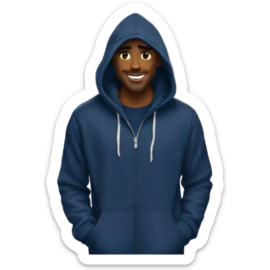 man wearing a navy colored hoodie standing in front of charlotte, nc city skyline sticker