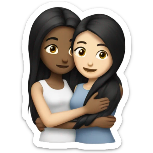 A lesbian couple with white skin and long black hair hugging intimately sticker