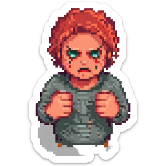 a person looking annoyed and frustrated, pixel art style, clenched fists, red face sticker