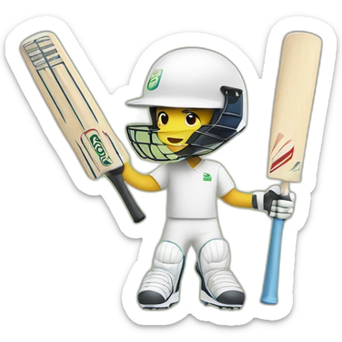 a person holding a cricket bat on one hand, and a laptop on the other hand. Also, wearing a cricket helmet, and a cool pair of shoes sticker