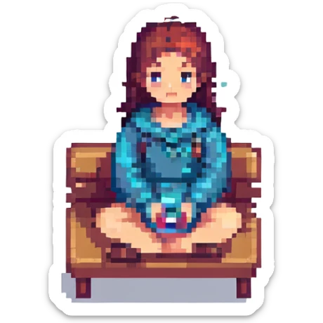girl sitting on the marketplace, pixel art style sticker