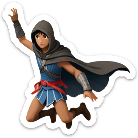 An icon featuring a hero performing a leap of faith from a tower in Florence, inspired by adventure games like Assassin's Creed. The design captures the dramatic moment mid-air, with detailed architecture and a bustling city below. Transparent background sticker