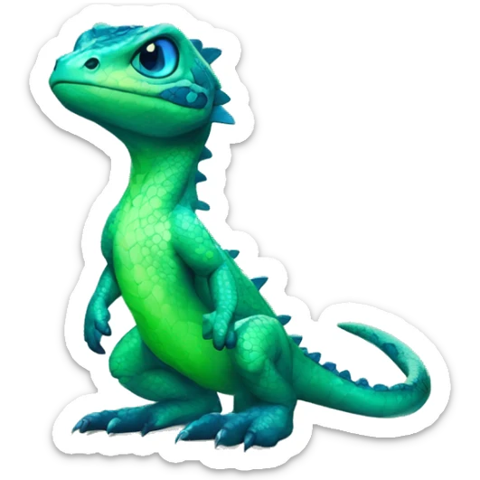 A Cyan Shiny Glossy Anthro-Scalie-Lizard-Reptile-Salamandrian-Fakémon with dark-blue patterns and light-green belly Full Body sticker
