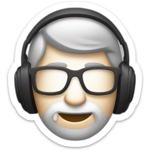 Un visage d’un homme blanc, cheveux châtain avec une barbe bien taillée des lunettes de vue, coiffé en arrière et un casque audio sticker