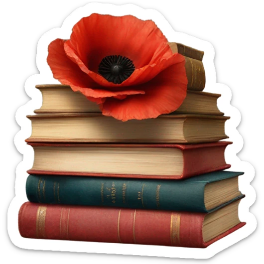 A vintage stack of books with scarlet poppies and a velvet bow sticker