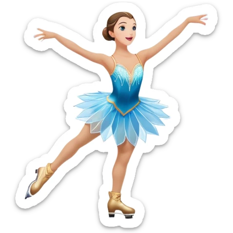 An icon of a theatrical ice show with close-up costumed figure skater performing a dramatic scene on a glowing ice stage. Spotlights, colorful scenery, and a cheering audience in a grand arena convey the magic and artistry of the ice performance. Transparent background included. sticker