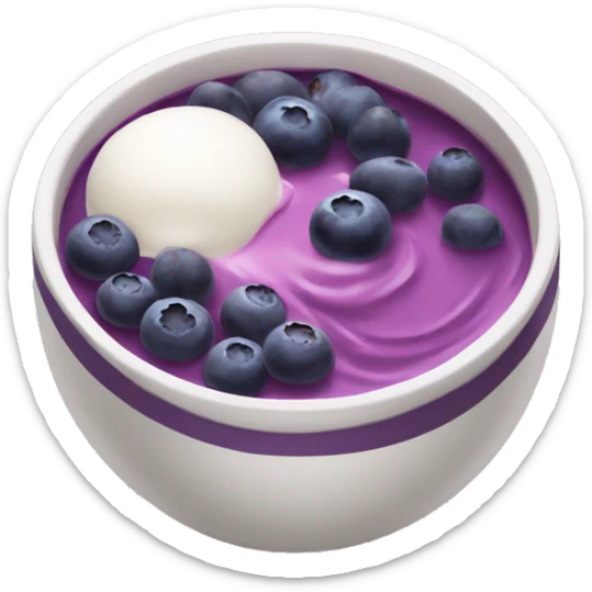 vertical view of bowl with purple yogurt and blueberries and acai sticker