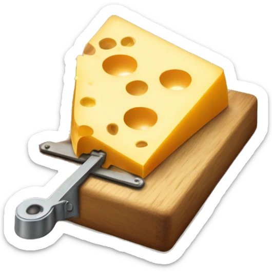 A mousetrap with a piece of cheese on it. The mousetrap should be classic wooden style, with the cheese placed on the trigger mechanism. The cheese should be a small, yellow wedge. sticker