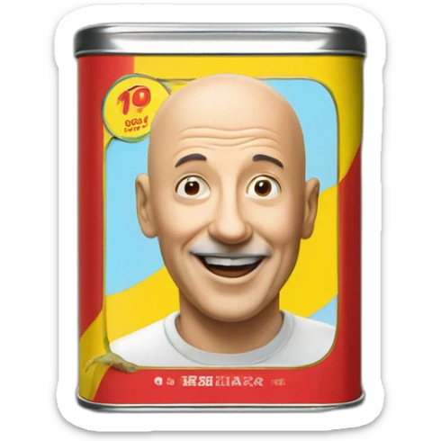 rectangular tin of anchovies with a photo of a bald man on the side, red blue yello colors sticker