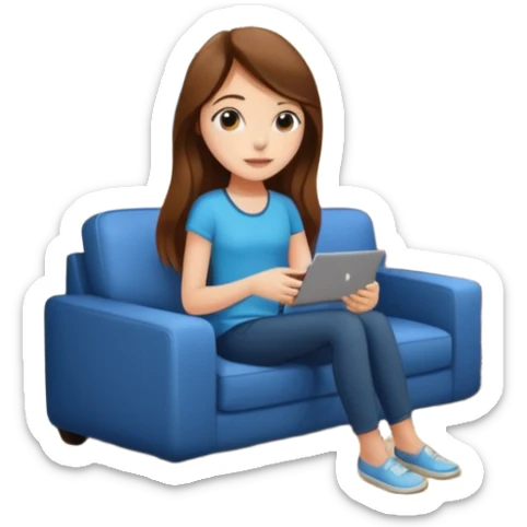 beautiful girl with long brown hair constructing new lounge room area with flat screen tv and couch sticker