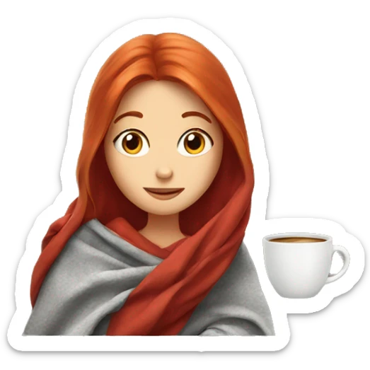 girl with red hair with blanket on her with cup of coffee  sticker